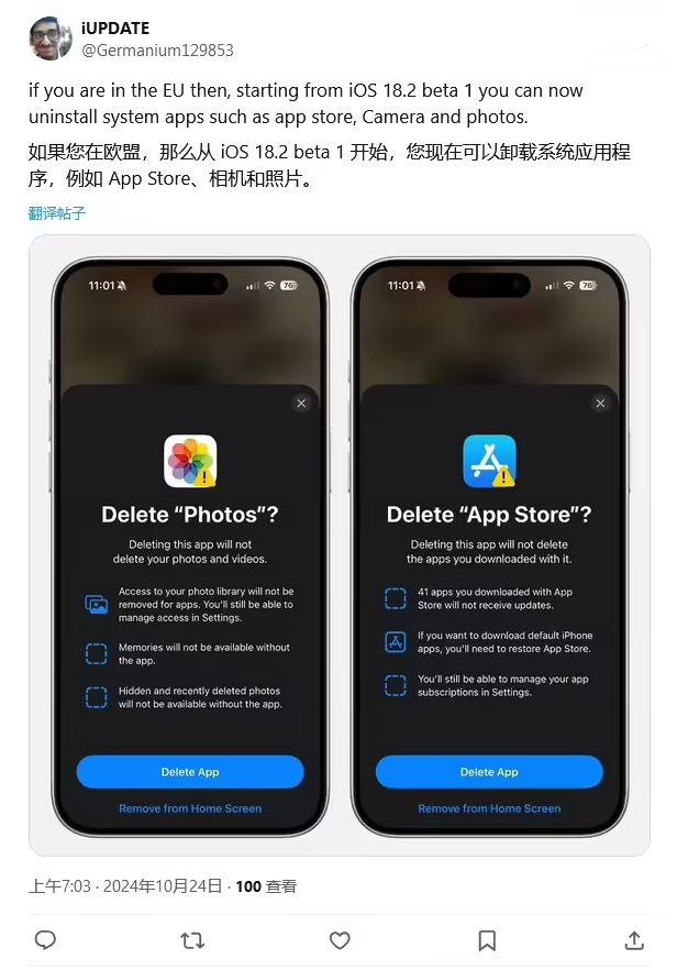 启东苹果手机维修分享iOS 18.2 支持删除 App Store 应用商店 